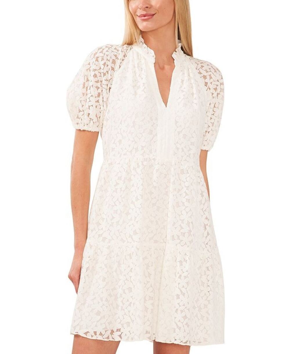 CeCe Women's Lace Babydoll Puff Sleeve Tiered Dress White Size M 3719
